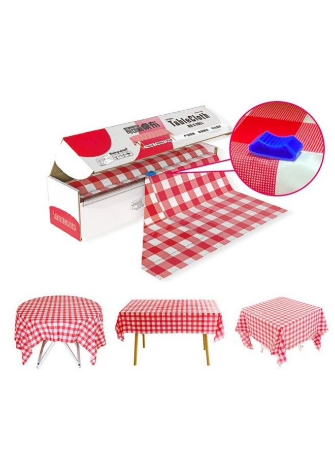 137cm x 1000cm  Plastic Table Cloth Disposable Table Cover Roll Plastic Tablecloth with Convenient Slide Cutter Box for Party Picnic Banquet Kid's Activities (Red, White)  - Image 2