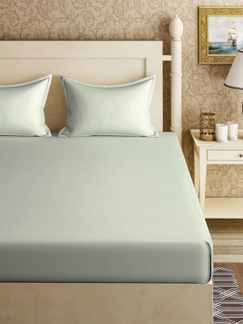 Klotthe Light Green Solid 300 TC Cotton Blend Fitted Double Bedsheet with 2 Pillow Covers - Image 2