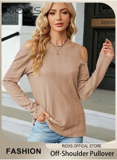 RIOXS Women's Casual Long Sleeve Blouse Round Neck Off-Shoulder Pullover Shirt Soft and Comfortable Top for Fall  - Image 1
