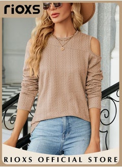 RIOXS Women's Casual Long Sleeve Blouse Round Neck Off-Shoulder Pullover Shirt Soft and Comfortable Top for Fall  - Image 2