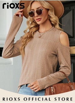 RIOXS Women's Casual Long Sleeve Blouse Round Neck Off-Shoulder Pullover Shirt Soft and Comfortable Top for Fall  - Image 5