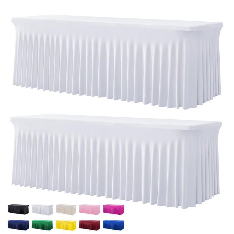 Htper 2 Pack White Spandex Tablecloths for 8 Foot Rectangle Tables, Wrinkle Free Stretchy Table Cloth 8ft Fitted Table Cover Desk Skirt for Parties Weddings Birthday Banquet Baby Shower - Image 1
