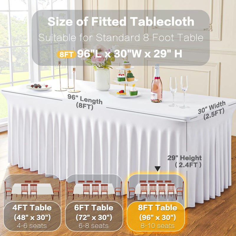 Htper 2 Pack White Spandex Tablecloths for 8 Foot Rectangle Tables, Wrinkle Free Stretchy Table Cloth 8ft Fitted Table Cover Desk Skirt for Parties Weddings Birthday Banquet Baby Shower - Image 5