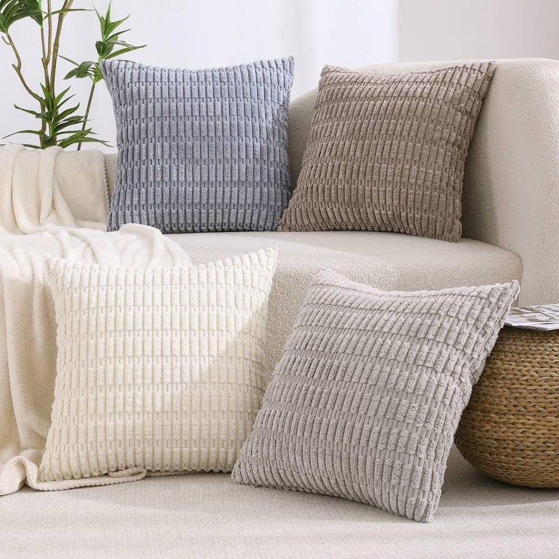 All Smiles Decorative Throw Pillow Covers 16x16 Set of 4 Neutral Farmhouse Rustic Boho Home Decor Soft Plush Striped Corduroy Square Cushion Case for Living Room Couch Bed Sofa