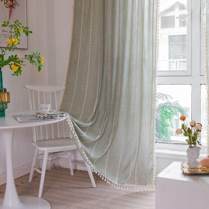 BCLBUSTE Boho Embroidery Striped Linen Curtains 84 Inches Long 2 Panels for Bedroom - Sage Green Country Farmhouse Bohemian Light Filtering for Living Room (52" W x 84" L) - Image 1