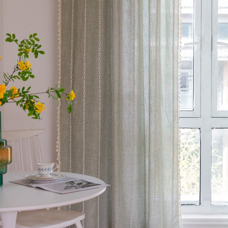 BCLBUSTE Boho Embroidery Striped Linen Curtains 84 Inches Long 2 Panels for Bedroom - Sage Green Country Farmhouse Bohemian Light Filtering for Living Room (52" W x 84" L) - Image 3