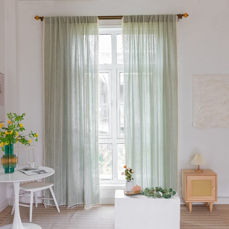 BCLBUSTE Boho Embroidery Striped Linen Curtains 84 Inches Long 2 Panels for Bedroom - Sage Green Country Farmhouse Bohemian Light Filtering for Living Room (52" W x 84" L) - Image 2