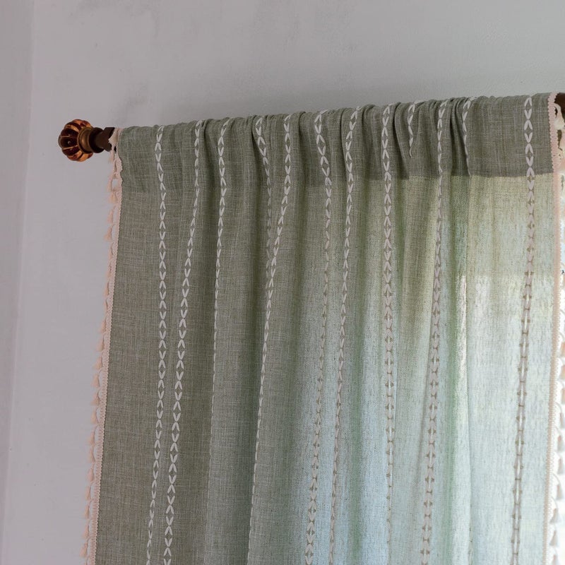 BCLBUSTE Boho Embroidery Striped Linen Curtains 84 Inches Long 2 Panels for Bedroom - Sage Green Country Farmhouse Bohemian Light Filtering for Living Room (52" W x 84" L) - Image 4