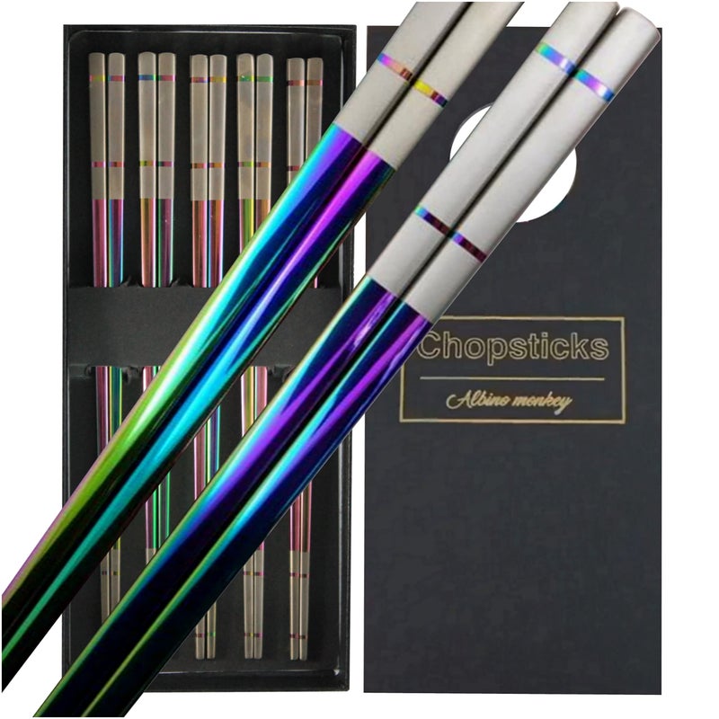 Albino Monkey Reusable Chopsticks  Extra Long 9  5 Pairs per Pack  Made of FoodSafe Stainless Steel  Holographic Design  Asian Dining Utensils for Home Kitchen  Restaurants  Nice Giftable Box