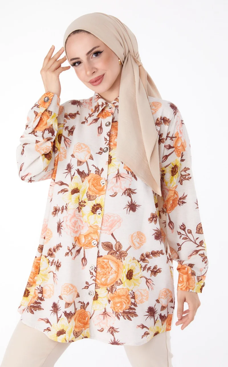 Tofisa Plain Shirt Collar Women's Orange Floral Patterned Tunic - 25617