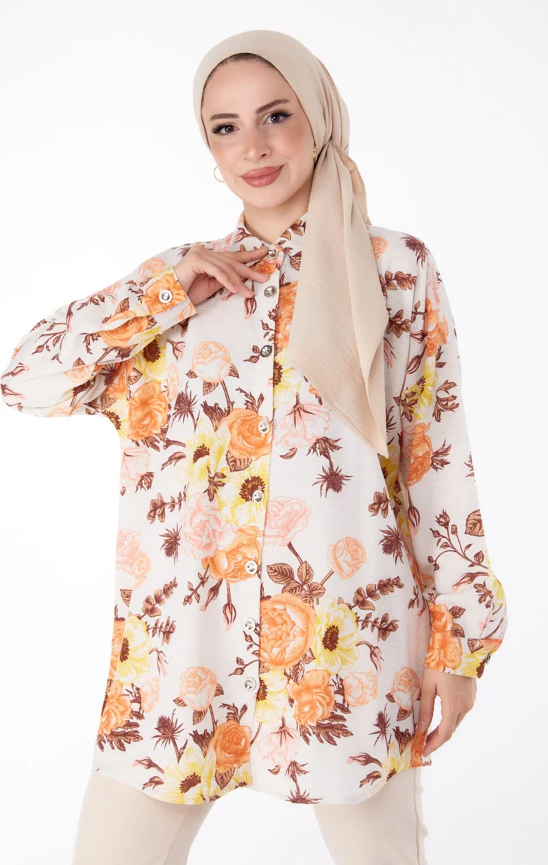 Tofisa Plain Shirt Collar Women's Orange Floral Patterned Tunic - 25617