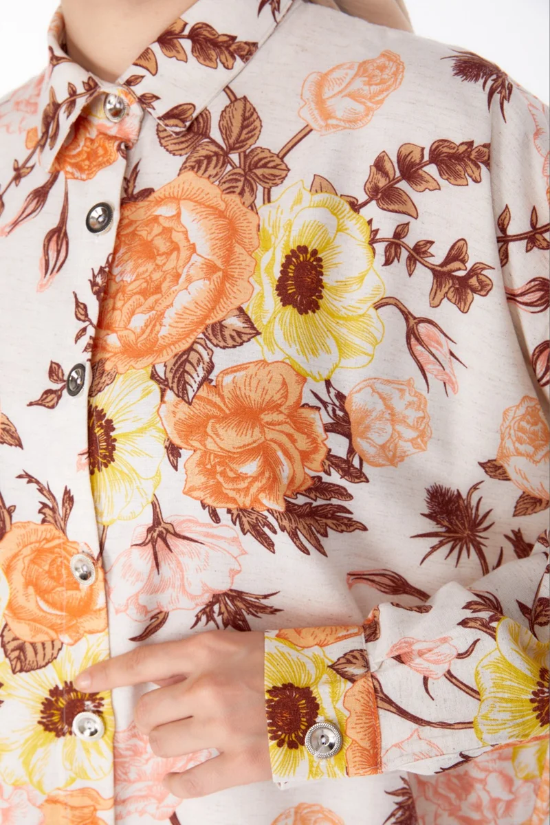 Tofisa Plain Shirt Collar Women's Orange Floral Patterned Tunic - 25617