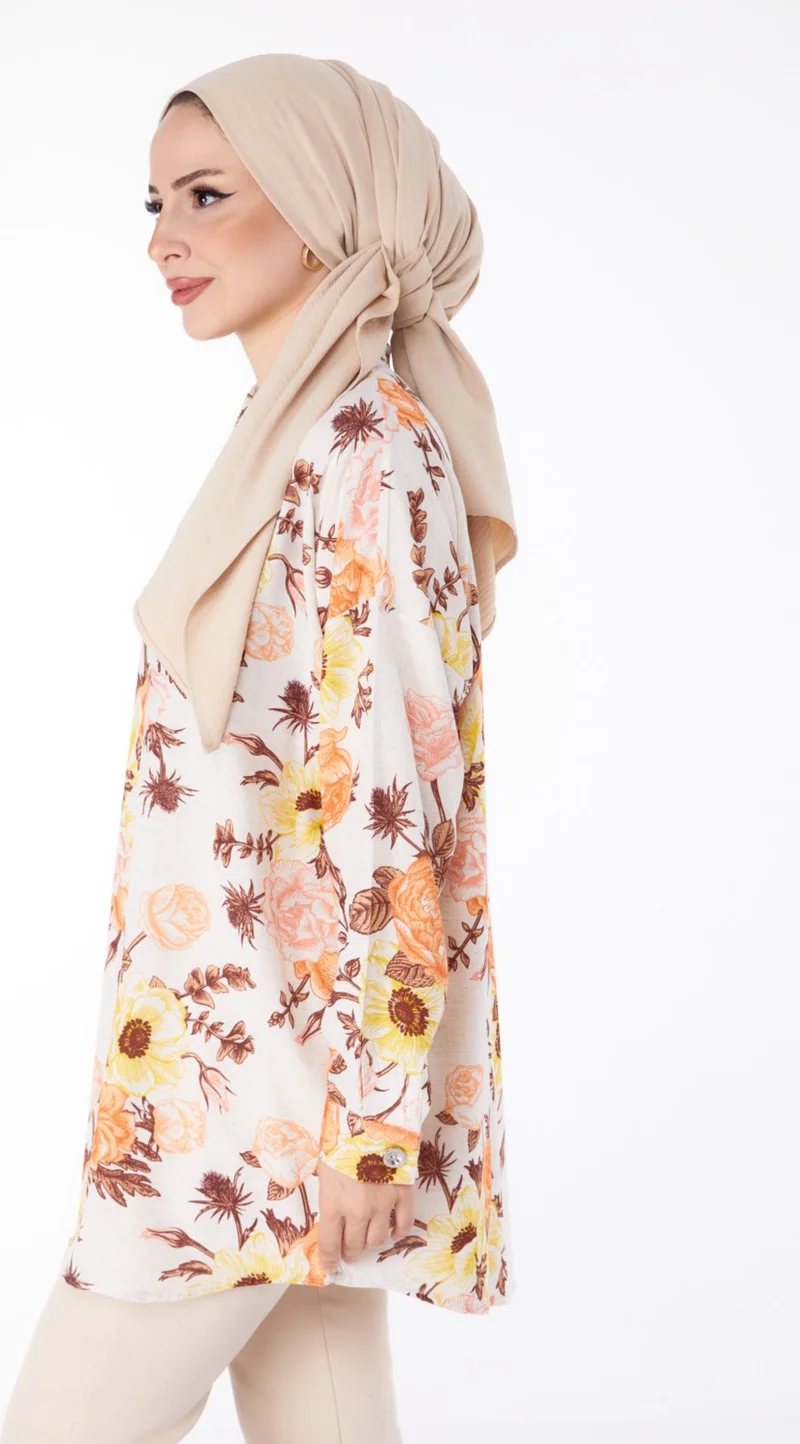 Tofisa Plain Shirt Collar Women's Orange Floral Patterned Tunic - 25617