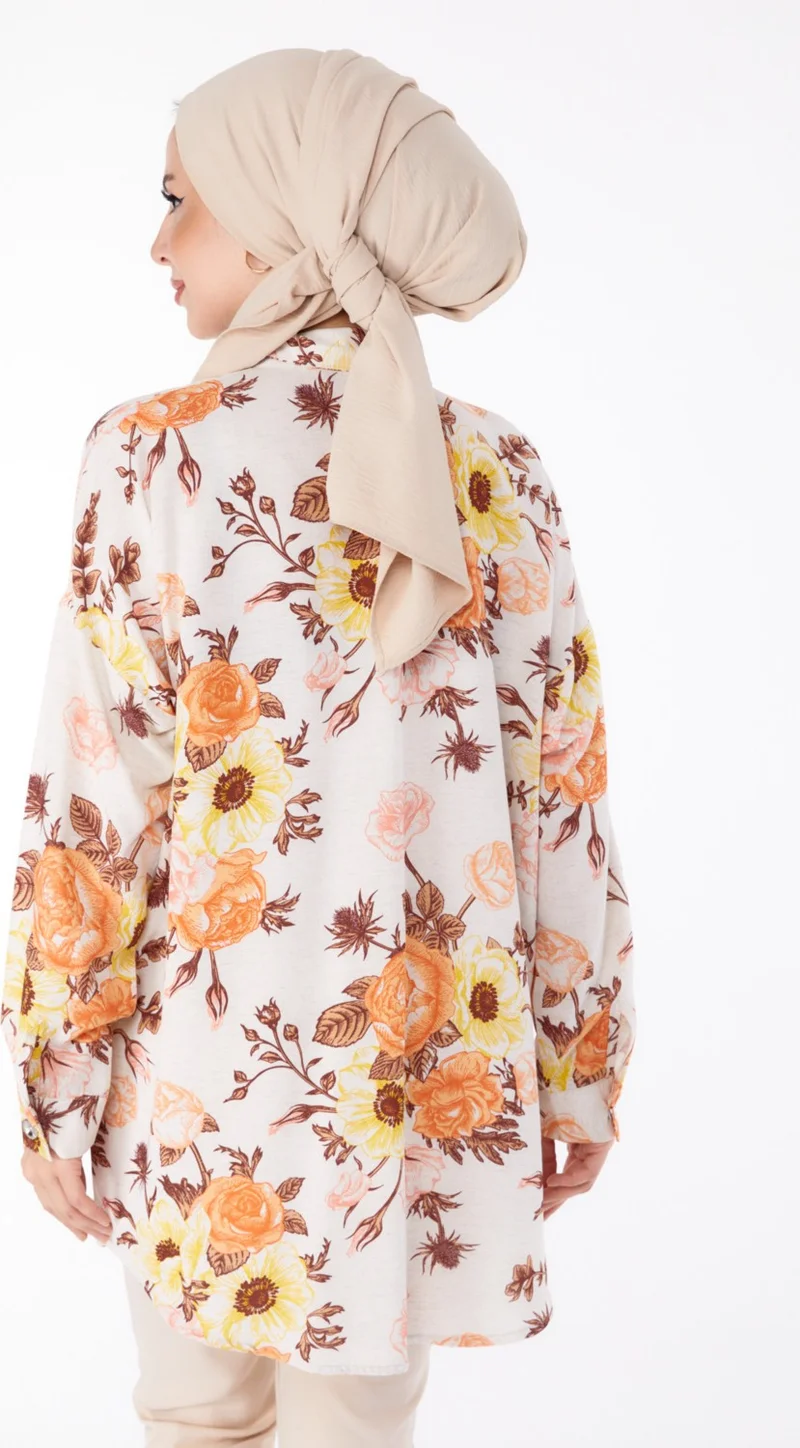 Tofisa Plain Shirt Collar Women's Orange Floral Patterned Tunic - 25617