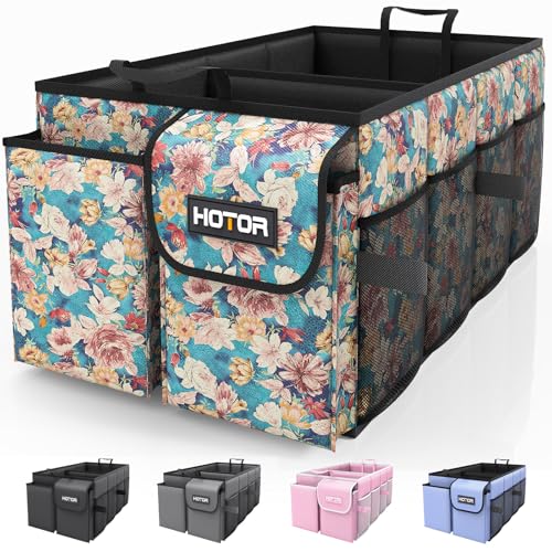 HOTOR Trunk Organizer- Car Organizer, Foldable Trunk organizer for SUVs & Sedans, Sturdy Car Organization for Car Accessories, Tools, Sundries, Blue Flower, 2 Compartments, 21.3"×12.6"×10.6" - Image 1