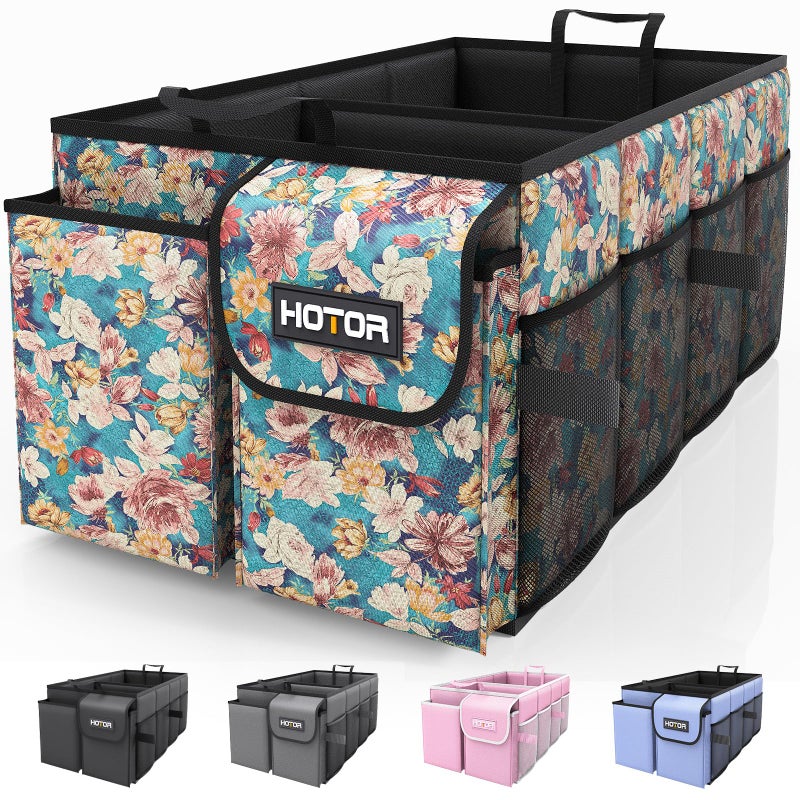 HOTOR Trunk Organizer- Car Organizer, Foldable Trunk organizer for SUVs & Sedans, Sturdy Car Organization for Car Accessories, Tools, Sundries, Blue Flower, 2 Compartments, 21.3"×12.6"×10.6" - Image 4