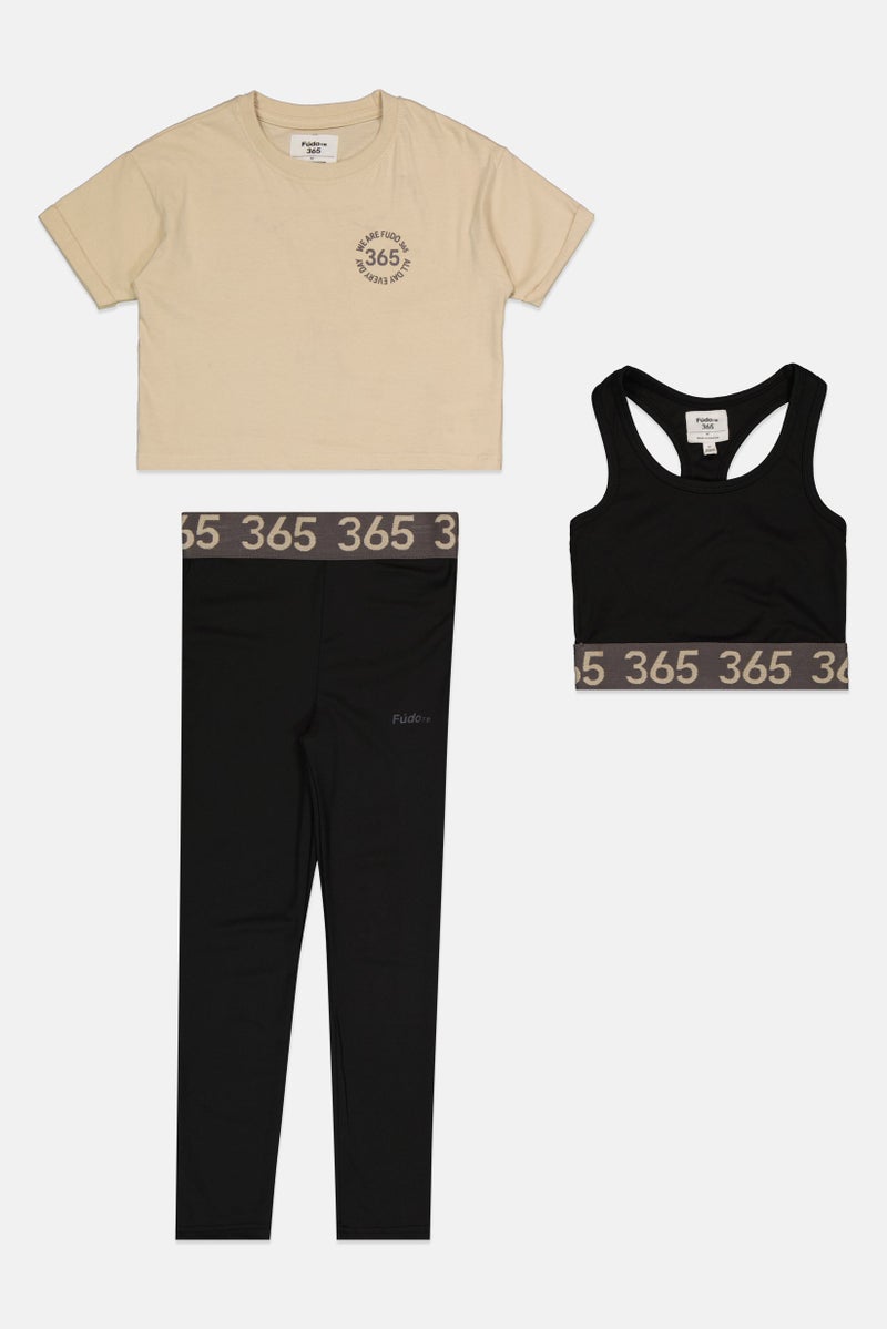 Fudo طقم تدريب مكون من 3 قطع للبنات مع طباعة جرافيك، مع حمالة صدر وسروال ضيق، متعدد الألوان - Image 2