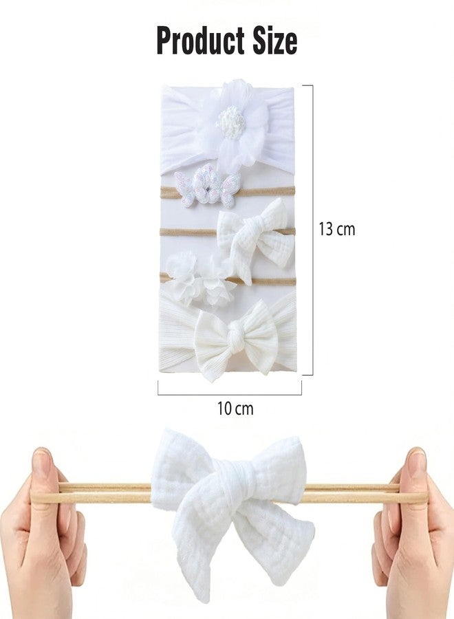SYGA 5 Pcs Baby Headband Set, Flower & Bow Design, Stretchable Nylon Hairband for Newborn Infant Toddlers Kids-0-3 Years White - Image 4