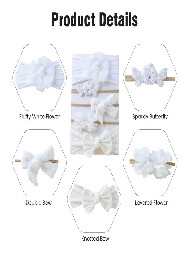 SYGA 5 Pcs Baby Headband Set, Flower & Bow Design, Stretchable Nylon Hairband for Newborn Infant Toddlers Kids-0-3 Years White - Image 5