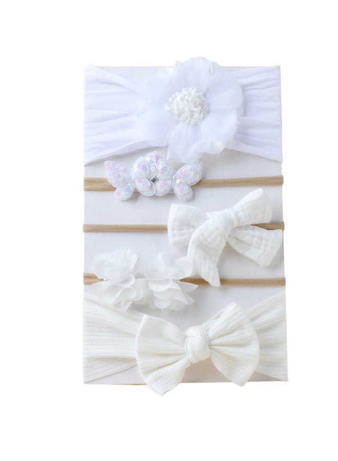 SYGA 5 Pcs Baby Headband Set, Flower & Bow Design, Stretchable Nylon Hairband for Newborn Infant Toddlers Kids-0-3 Years White - Image 1