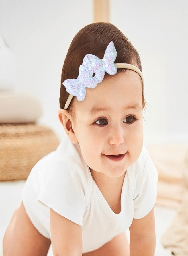 SYGA 5 Pcs Baby Headband Set, Flower & Bow Design, Stretchable Nylon Hairband for Newborn Infant Toddlers Kids-0-3 Years White - Image 3