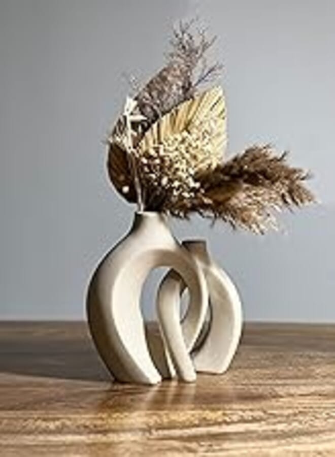 Creative Ceramic Modern Vase - Pompas Grass Pot Ceramic Boho Bohemian Scandinavian Nordic Circular Matte ​Hollow Donut Flower Vases Decorative Minimalist Art Style | 2 Pieces | (Flowers not included)