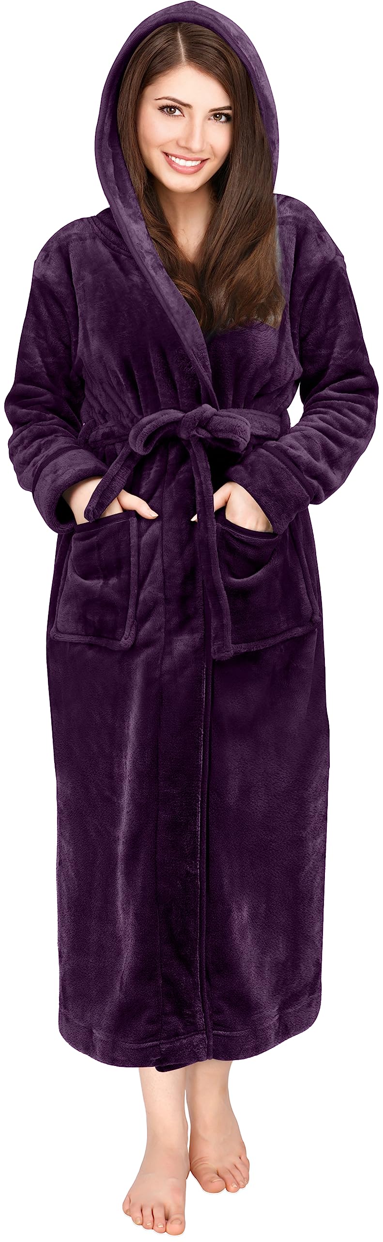 NY Threads Premium Womens Fleece Hooded Bathrobe Plush Long Spa Robe Medium Plum