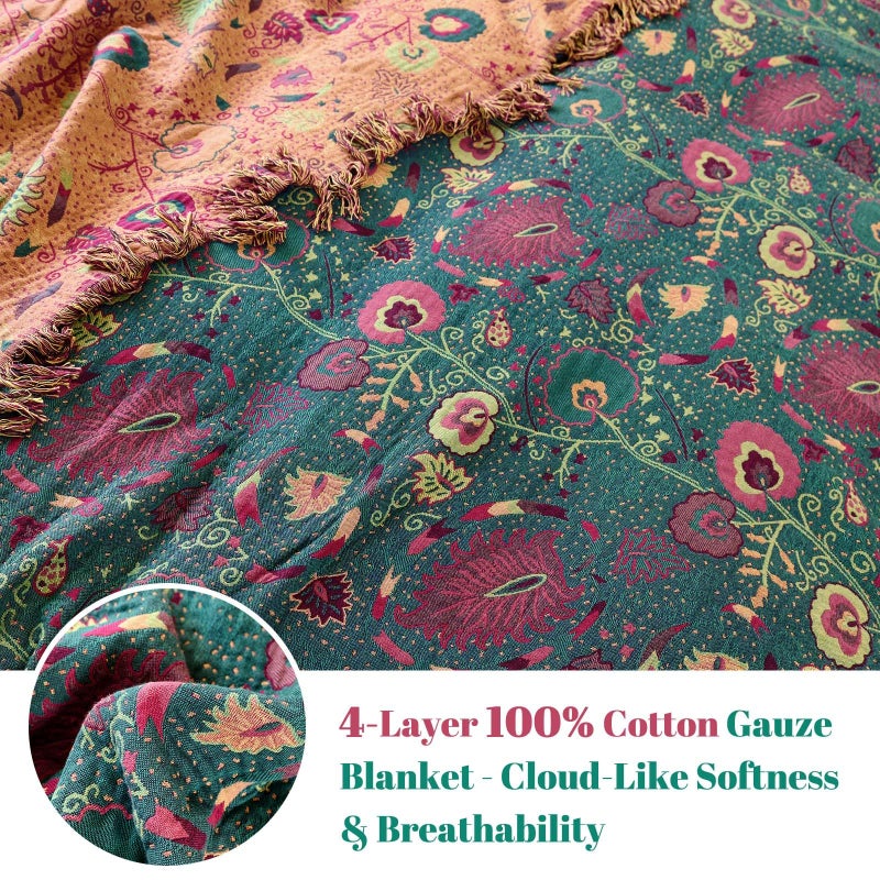 MSGKV Boho Throw Blanket for Couch and Sofa Cotton Blankets for Living Room Bedroom Reversable Florals Throw 60"x80" Spring Breathable Cozy Blankets - Image 3