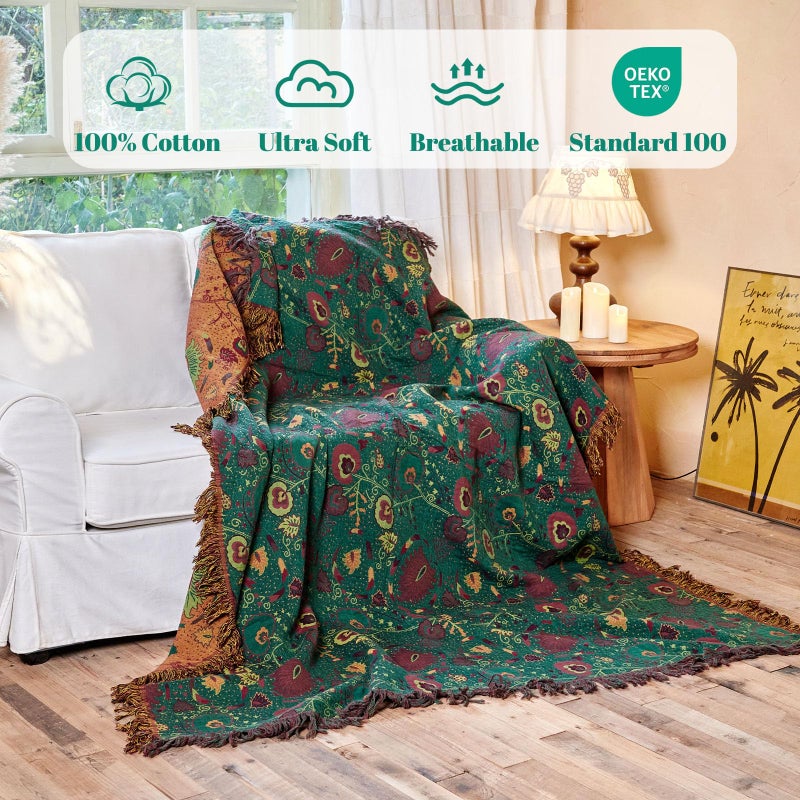 MSGKV Boho Throw Blanket for Couch and Sofa Cotton Blankets for Living Room Bedroom Reversable Florals Throw 60"x80" Spring Breathable Cozy Blankets - Image 2