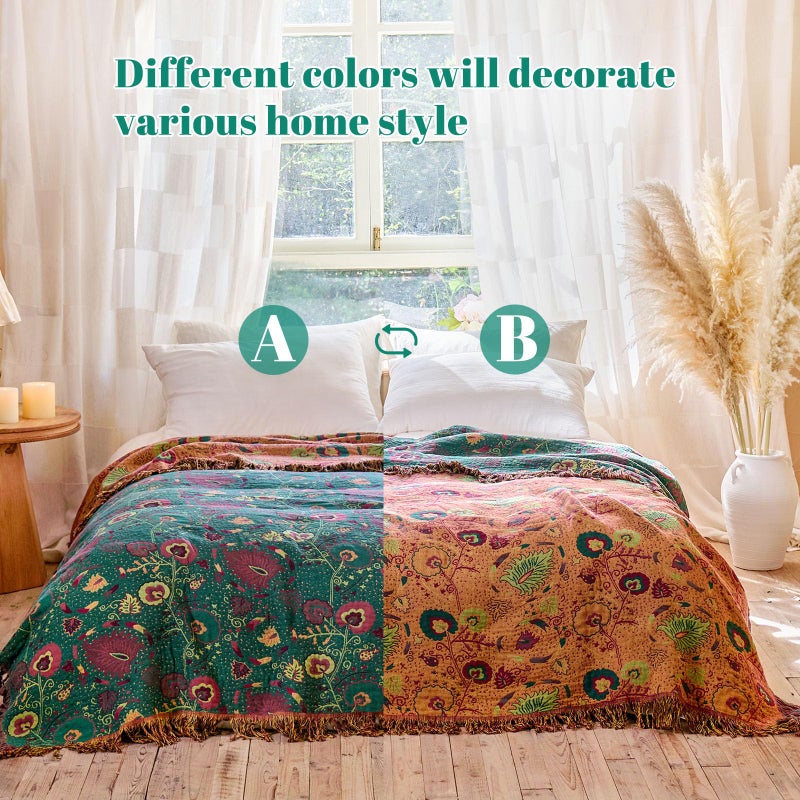 MSGKV Boho Throw Blanket for Couch and Sofa Cotton Blankets for Living Room Bedroom Reversable Florals Throw 60"x80" Spring Breathable Cozy Blankets - Image 4