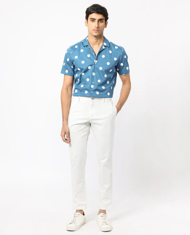 Rare Rabbit Rare Rabbit Men's Astels Blue Cotton Fabric Cuban Collar Half Sleeves Polka Print Shirt