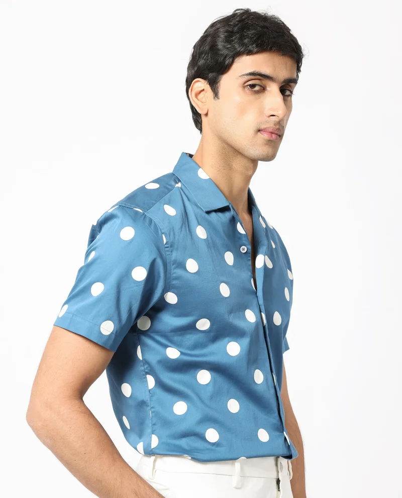 Rare Rabbit Rare Rabbit Men's Astels Blue Cotton Fabric Cuban Collar Half Sleeves Polka Print Shirt
