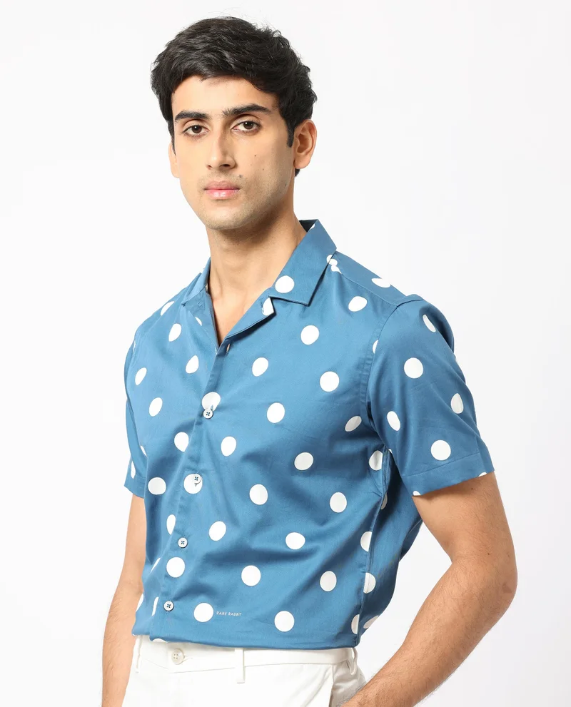 Rare Rabbit Rare Rabbit Men's Astels Blue Cotton Fabric Cuban Collar Half Sleeves Polka Print Shirt