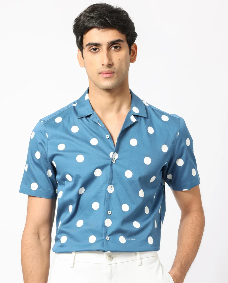 Rare Rabbit Rare Rabbit Men's Astels Blue Cotton Fabric Cuban Collar Half Sleeves Polka Print Shirt