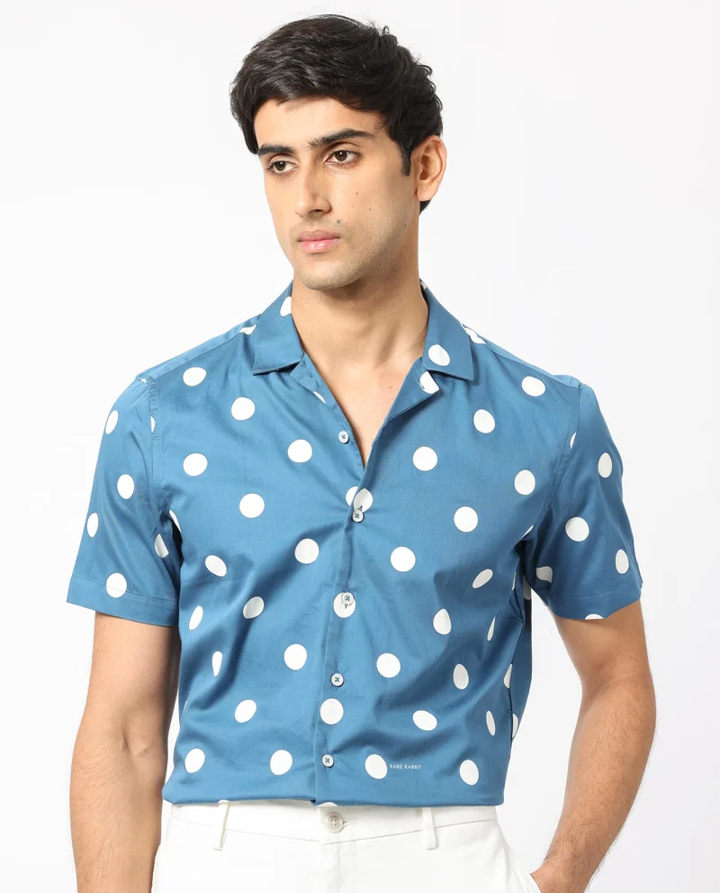 Rare Rabbit Rare Rabbit Men's Astels Blue Cotton Fabric Cuban Collar Half Sleeves Polka Print Shirt