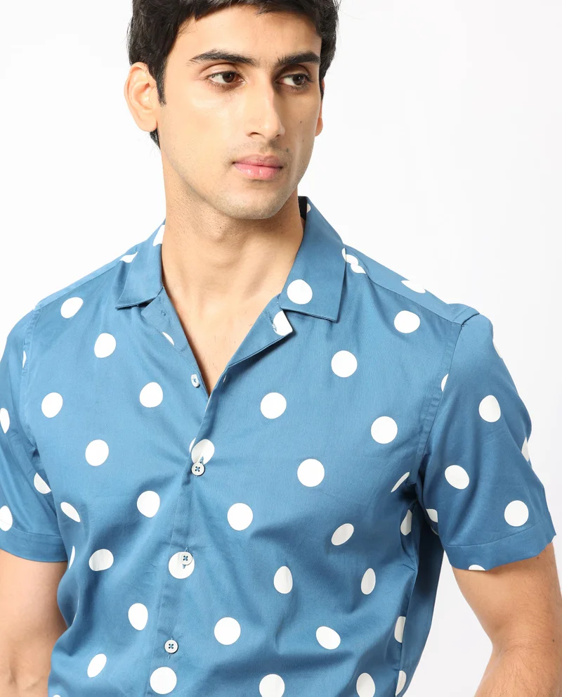 Rare Rabbit Rare Rabbit Men's Astels Blue Cotton Fabric Cuban Collar Half Sleeves Polka Print Shirt