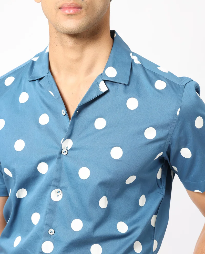 Rare Rabbit Rare Rabbit Men's Astels Blue Cotton Fabric Cuban Collar Half Sleeves Polka Print Shirt