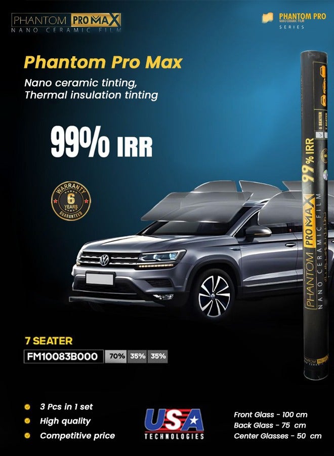 فانتوم فيلم تظليل النوافذ Phantom Pro Max Nano Ceramic للسيارات ذات السبعة مقاعد، حماية من الأشعة تحت الحمراء والأشعة فوق البنفسجية بنسبة 99%، مجموعة من 3 قطع (الأمامية 100 سم، الخلفية 75 سم، المركزية 50 سم)، عزل حراري وحراري عالي الجودة، سهل التركيب. - Image 3