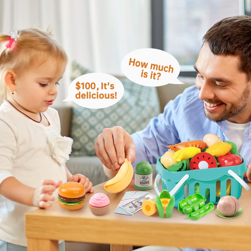Funpynani 130Pcs Kitchen Playset, Toddler Pretend Cooking Play Pots, Pans, Utensils Cookware, Daily Food Fruit Veges, Shopping Storage Basket, Dessert, Prop Money, Learning Gift for Child (Blue) - Image 5