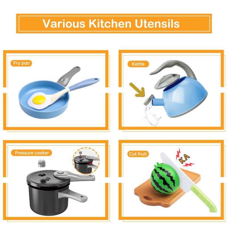 Funpynani 130Pcs Kitchen Playset, Toddler Pretend Cooking Play Pots, Pans, Utensils Cookware, Daily Food Fruit Veges, Shopping Storage Basket, Dessert, Prop Money, Learning Gift for Child (Blue) - Image 3