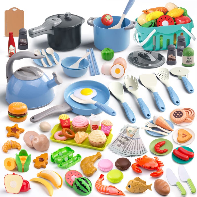 Funpynani 130Pcs Kitchen Playset, Toddler Pretend Cooking Play Pots, Pans, Utensils Cookware, Daily Food Fruit Veges, Shopping Storage Basket, Dessert, Prop Money, Learning Gift for Child (Blue) - Image 1