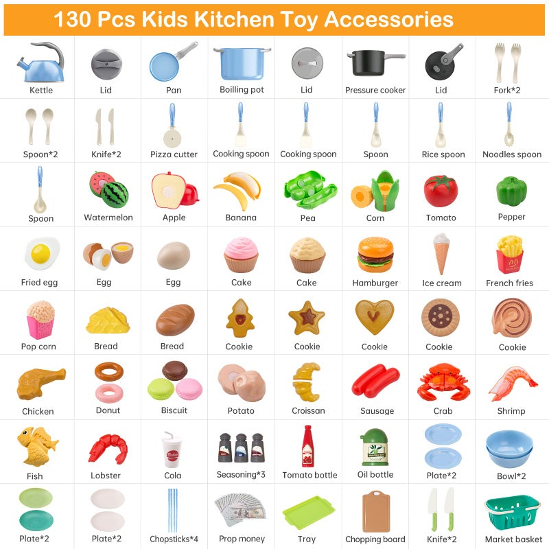Funpynani 130Pcs Kitchen Playset, Toddler Pretend Cooking Play Pots, Pans, Utensils Cookware, Daily Food Fruit Veges, Shopping Storage Basket, Dessert, Prop Money, Learning Gift for Child (Blue) - Image 2