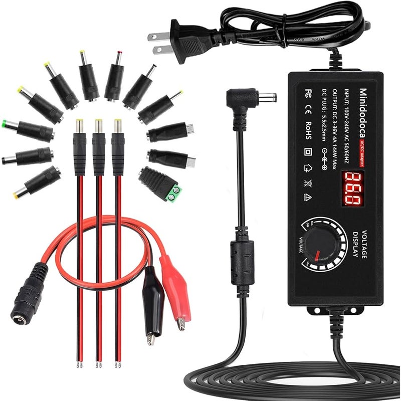144W Power Supply Adjustable DC 3V ~ 36V Variable Universal Switching AC/DC Adapter Minidodoca AC to DC Converter with LED Voltage Display and 16 Tips, for 3V to 36V Household Electronics - 4000mA Max - Image 1