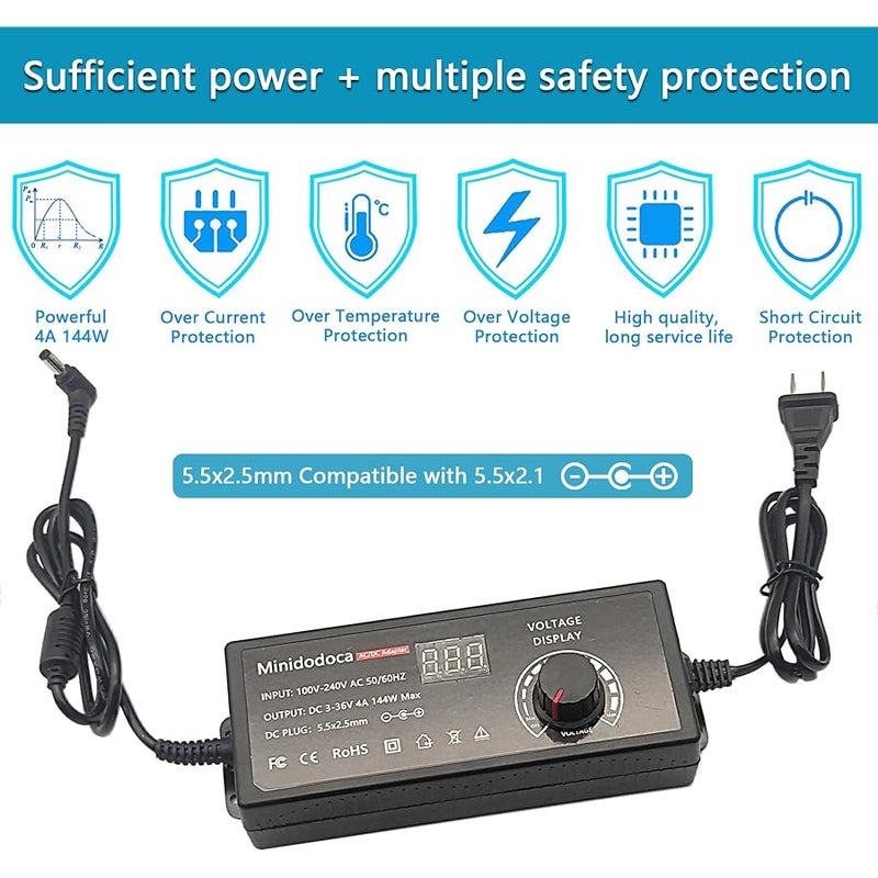 144W Power Supply Adjustable DC 3V ~ 36V Variable Universal Switching AC/DC Adapter Minidodoca AC to DC Converter with LED Voltage Display and 16 Tips, for 3V to 36V Household Electronics - 4000mA Max - Image 2