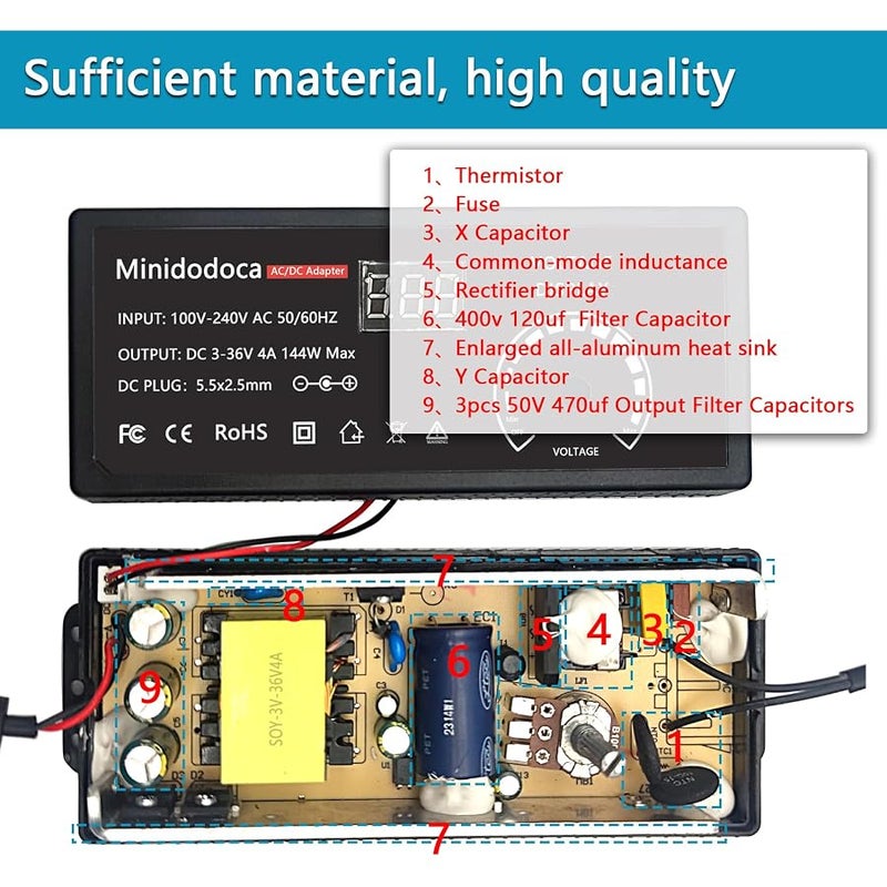 144W Power Supply Adjustable DC 3V ~ 36V Variable Universal Switching AC/DC Adapter Minidodoca AC to DC Converter with LED Voltage Display and 16 Tips, for 3V to 36V Household Electronics - 4000mA Max - Image 4