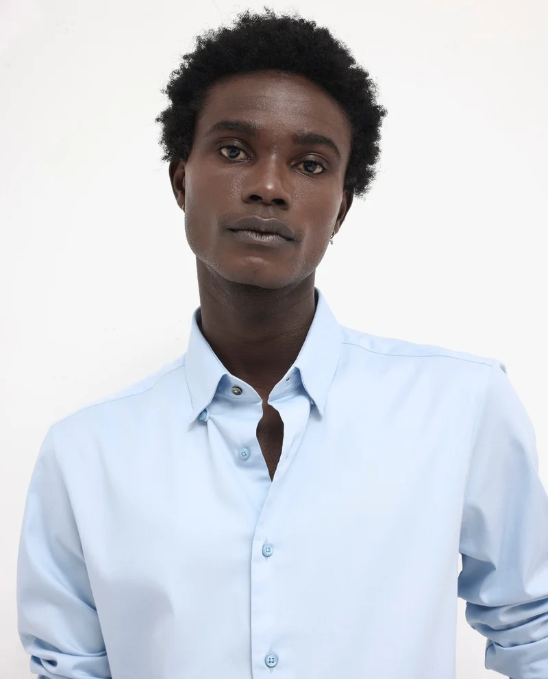 Rare Rabbit Rare Rabbit Men's Holand Light Blue Satin Fabric Full Sleeves Solid Shirt