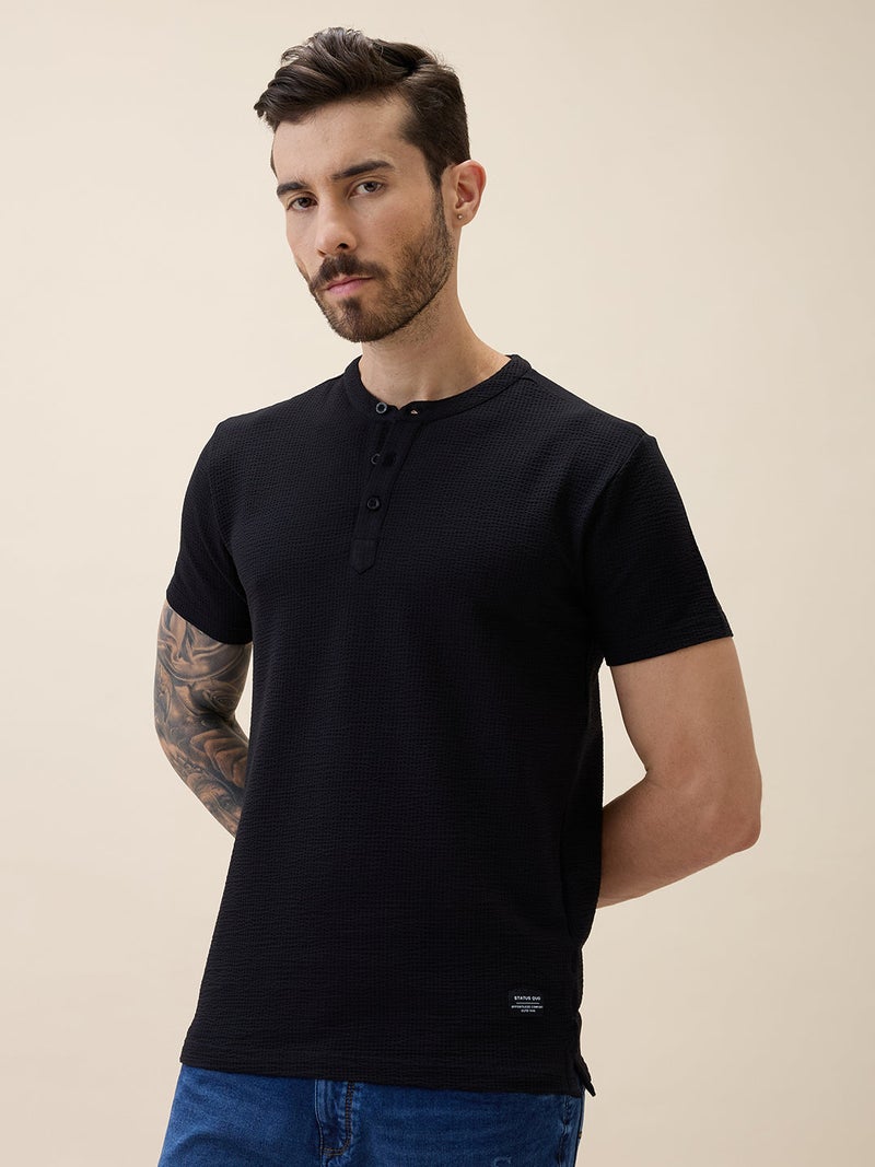 STATUS QUO Textured Henley Neck Regular Fit Black T-shirt - Image 2
