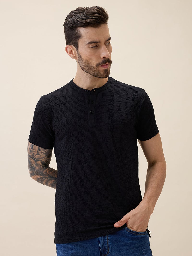 STATUS QUO Textured Henley Neck Regular Fit Black T-shirt - Image 1