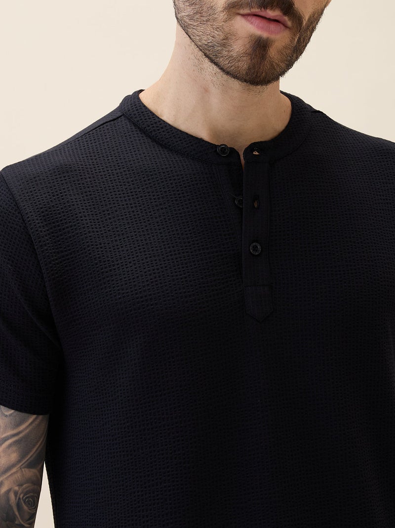 STATUS QUO Textured Henley Neck Regular Fit Black T-shirt - Image 4
