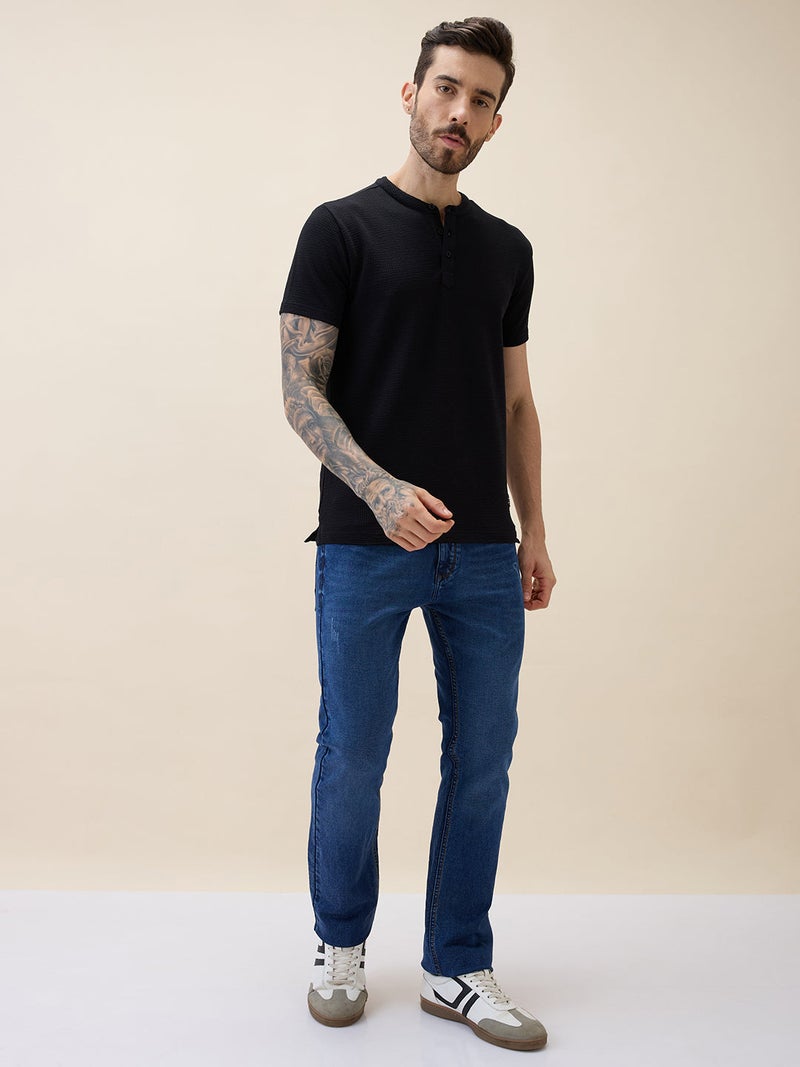 STATUS QUO Textured Henley Neck Regular Fit Black T-shirt - Image 5